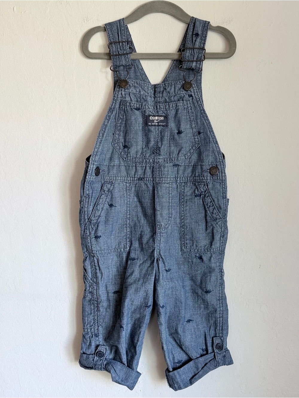 OshKosh B'gosh Light Blue Chambray Kids Overalls Dinosaurs, Sz 3T Cotton
